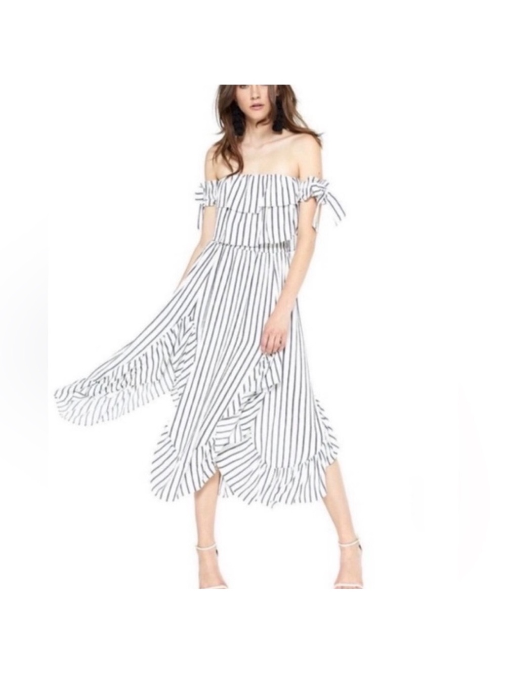 Misa Los Angeles Sz XS Striped Off-Shoulder Dress in White and Blue